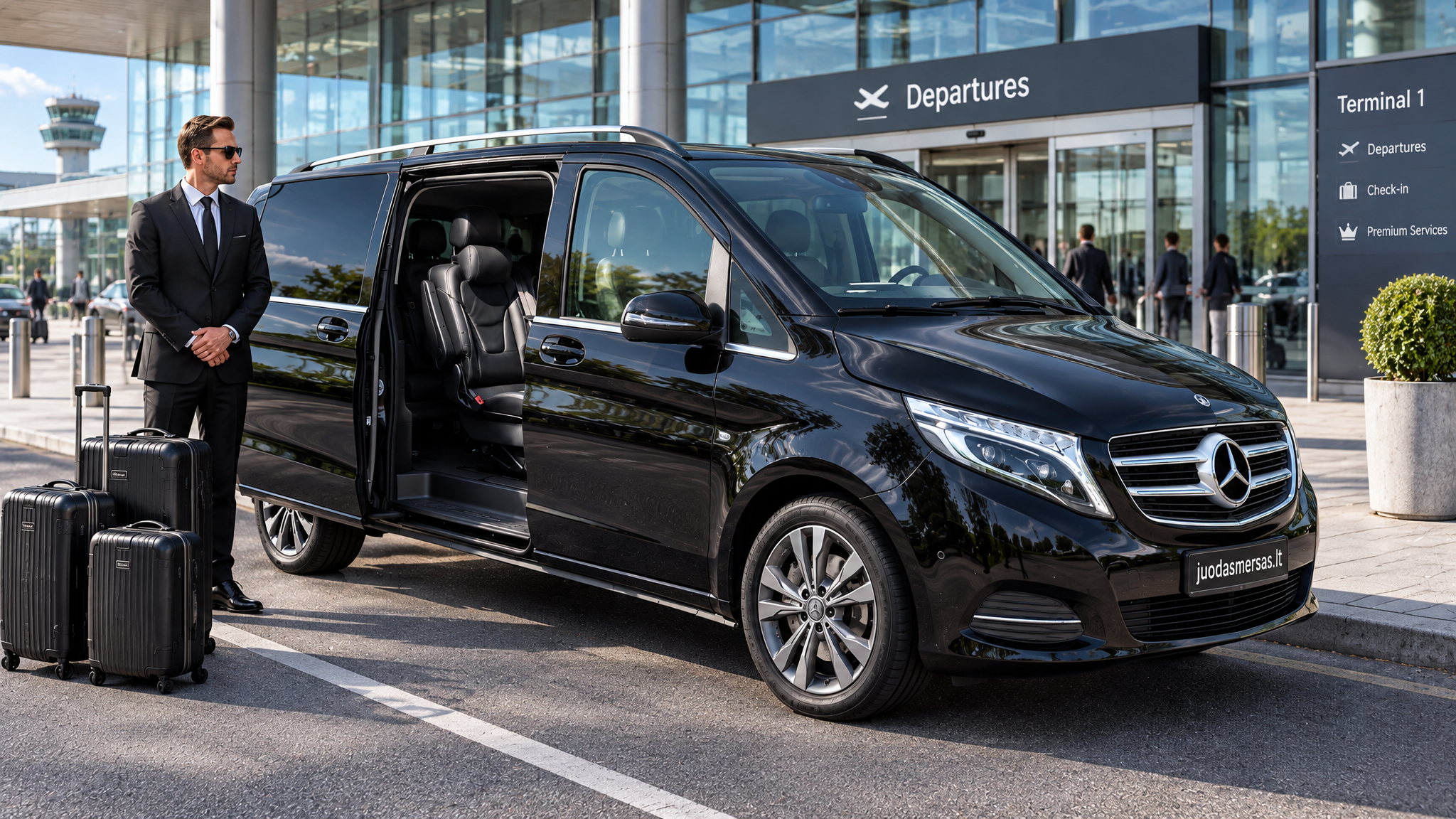 Juodas Mercedes-Benz V250 prie oro uosto terminalo su vairuotoju ir lagaminais
